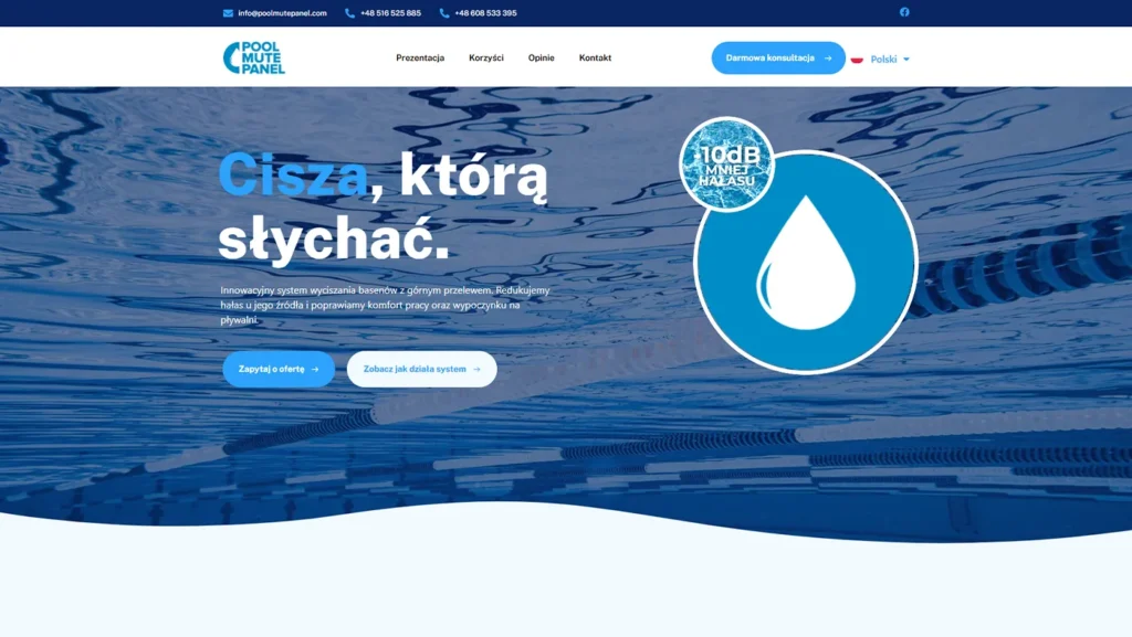 pool mute panel - wielojęzyczna strona internetowa dla systemu wyciszania basenów